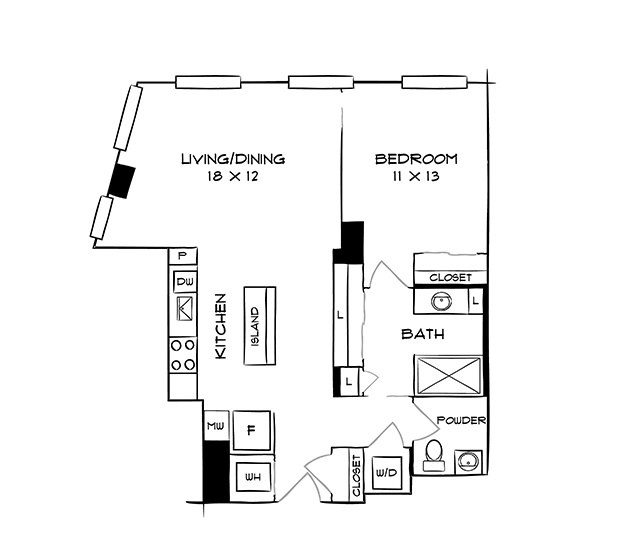 1 Bed 1.5 Bath Design 1G