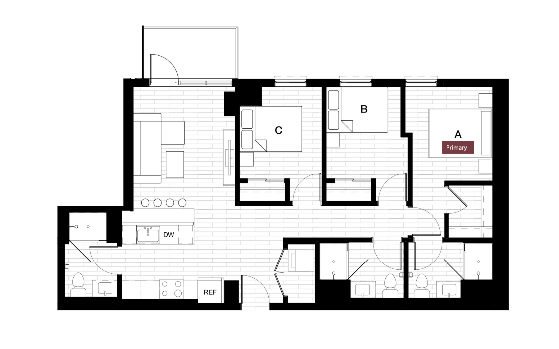 3 Bed 3 Bath- 3x3 Balcony
