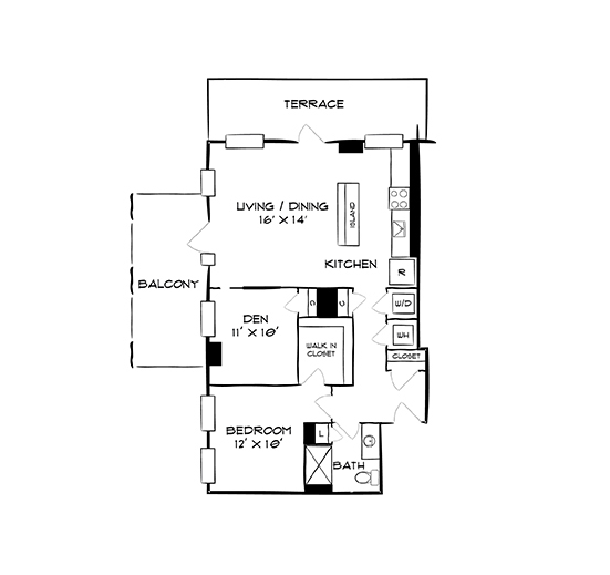 1 Bed 1 Bath Design 1D