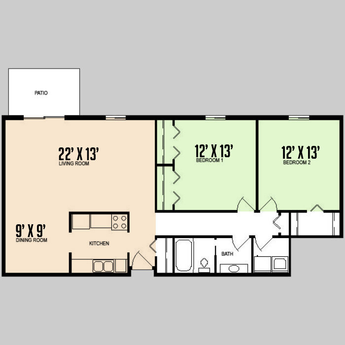 2 Bedrooms, 1 Bathroom